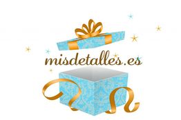 Caja de regalo azul con lazo dorado y texto "misdetalles.es".