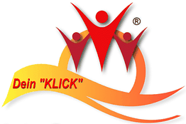 Grafik mit drei stilisierten Figuren und dem Text "Dein KLICK" auf einem gelben und orangefarbenen Band.