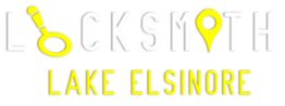 "Logo: Locksmith Lake Elsinore with key and map pin graphics in yellow and gray."