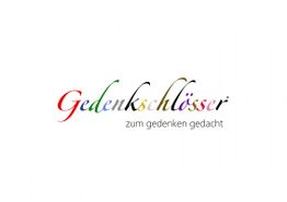 Buntes Logo mit Schriftzug "Gedenkschlösser" und kleinem Text "zum gedenken gedacht".