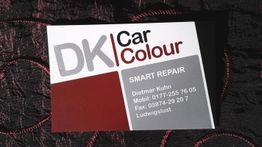 Visitenkarte mit der Aufschrift "DK Car Colour" und Kontaktinfos für Smart Repair in Ludwigslust.