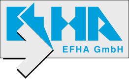 Logo von EFHA GmbH mit blauen Buchstaben und geometrischen Formen auf grauem Hintergrund.