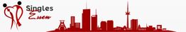 Logo für "Singles Essen" mit roter Skyline von Essen und stilisierten Figuren links.