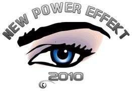 Auge mit Aufschrift „New Power Effekt 2010“, stilisiert in Schwarz und Blau.