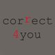 Textbild: "correct 4 you" mit rotem "r" und "4" auf grauem Hintergrund.