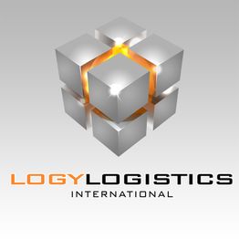 Würfel-Logo mit orangem Licht. Text: "Logy Logistics International" darunter auf grauem Hintergrund.