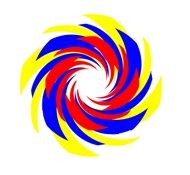 Bunte Spirale in Rot, Blau und Gelb auf weißem Hintergrund.
