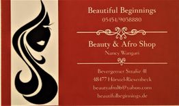 Visitenkarte des Beauty & Afro Shops "Beautiful Beginnings" mit Kontaktdaten und Logo.