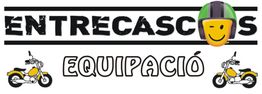 Texto: "EntreCascos Equipación". Icono de casco sonriente y dos motos amarillas.
