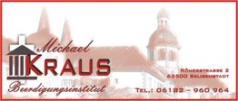 Rotes Logo: "Michael Kraus Beerdigungsinstitut," Römerstraße 2, 63500 Seligenstadt, Telefonnummer.