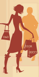 Siluetten von zwei Personen beim Einkaufen mit Designer-Taschen von D&G, Dior und Gucci.