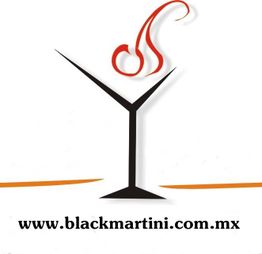 Copa de martini estilizada con líneas color naranja y texto: www.blackmartini.com.mx.