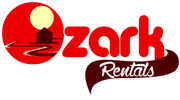 Ozark Rentals logo with a red sunset, house silhouette, and stylized text.