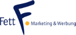 Logo mit großem blauem „F“ und dem Text „Fett Marketing & Werbung“ daneben.