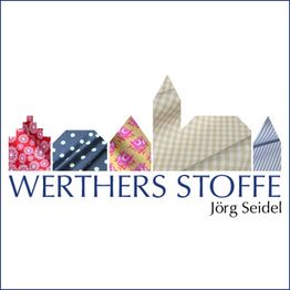 Werthers Stoffe Logo mit bunten Stoffmustern als Origami-Häuser. Text: "Werthers Stoffe Jörg Seidel".