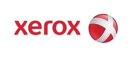 Logo von Xerox. Roter Schriftzug und Kugel mit weißen Streifen.