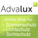 Advalux-Logo, Online-Shop für Sonnen-, Licht- und Sichtschutz auf grünem Hintergrund.