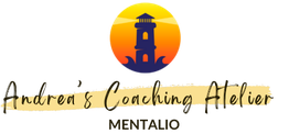 Andrea's Coaching Atelier Logo mit Leuchtturm und Sonnenuntergang. Text: "MENTALIO".