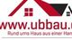 Logo mit rotem Dachsymbol, Fenster und Text: "www.ubbau.de, Rund ums Haus aus einer Hand".