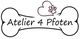 Logo: Ein Hundeknochen mit der Aufschrift "Atelier 4 Pfoten" und einer Pfote darüber.