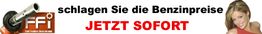 Banner mit Text: "Schlagen Sie die Benzinpreise JETZT SOFORT", Logo und Frau abgebildet.
