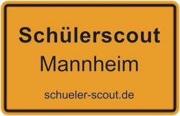 Gelbes Schild mit der Aufschrift "Schülerscout Mannheim", Webseite: schueler-scout.de.