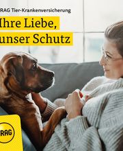 Frau mit Brille streichelt Hund auf Sofa, ARAG Werbung für Tier-Krankenversicherung.