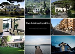 Collage von Immobilien: Villen, Esszimmer, Seesteg, Straßenszene. Text: "Silvio Calabrese Immobilien".