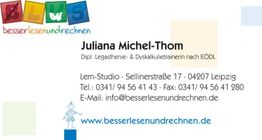 Visitenkarte von Juliana Michel-Thom mit Kontaktinfos und Website www.besserlesenundrechnen.de.