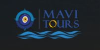 Logo of "Mavi Tours" with a compass and waves design on a dark background.