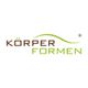 Logo mit der Aufschrift "Körper Formen", braune und grüne Schrift mit einer geschwungenen Linie.