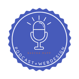 Blaues Logo mit Mikrofon, Text: "Podcast + Webdesign, Sascha Rupp".