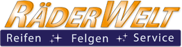 Logo mit Text: "RäderWelt" oben, darunter "Reifen, Felgen, Service" auf blauem Hintergrund.