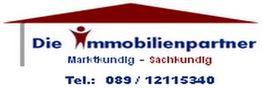 Logo: "Die Immobilienpartner", "Marktkundig - Sachkundig", Tel.: 089 / 12115340, mit Dachsymbol.