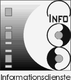Abstraktes Logo mit Schriftzug "INFO" und "Informationsdienste", schwarz-weißes Design.
