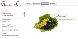 Graphic & Co Impressum mit Trauben-Bild: "Frische Ideen für Ihr Business". Kontaktinfo inklusive.