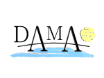 Logo mit dem Text "DAMA", unterstrichen in Blau, gelbe Sonne rechts.