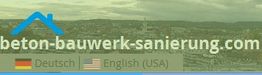 Beige Hintergrund mit Logo "beton-bauwerk-sanierung.com", Sprache: Deutsch und Englisch auswählbar.