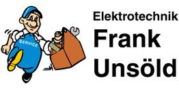 Ein Comic-Servicemann mit Werkzeugkiste, daneben der Text "Elektrotechnik Frank Unsöld".