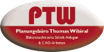 Ovales Logo mit rotem Text "PTW Planungsbüro Thomas Wibiral" und Unterzeile auf weißem Hintergrund.