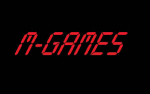 Roter LED-Schriftzug „M-GAMES“ auf schwarzem Hintergrund.