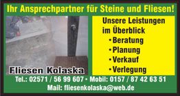 Fliesen Kolaska Werbung: Beratung, Planung, Verkauf, Verlegung. Kontaktinfo und E-Mail enthalten.