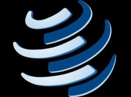 Abstraktes Logo mit blauen und weißen geschwungenen Linien auf schwarzem Hintergrund.