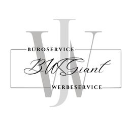 Logo mit Text: "Büroservice BWGiant Werbeservice". Hintergrund: graue Buchstaben JW.