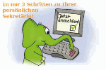 Ein grüner Elefant nutzt einen Computer. Text: "In nur 3 Schritten zu Ihrer persönlichen Sekretärin!"