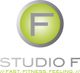 Grünes Logo mit grauem "F", darunter "STUDIO F" und Slogan "Fast. Fitness. Feeling.".