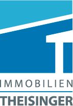 Logo mit blauem Gebäude und Text: Immobilien Theisinger.