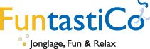 Logo mit dem Text "FuntastiCo - Jonglage, Fun & Relax" in Gelb und Blau, Jonglierball-Dekor.