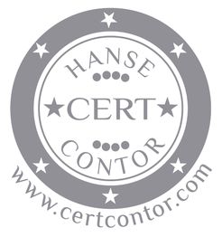 Rundes Logo mit Sternen und Text "HANSE CERT CONTOR", Webadresse "www.certcontor.com".