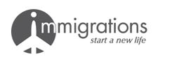 Logo mit stilisiertem Flugzeug und Text: "Immigrations - start a new life".